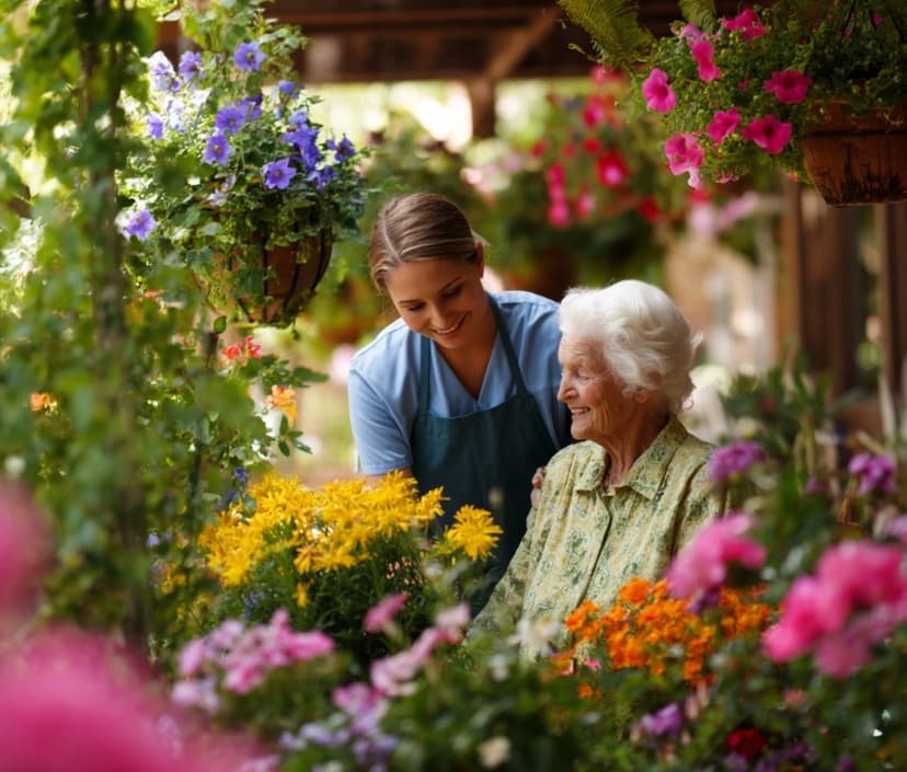 Bouquet Homes caregivers sharing a supportive team moment in a home-like setting.